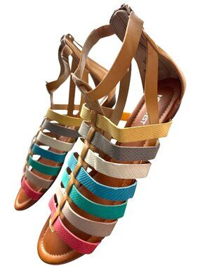 Nine West Calypso Gladiator Sandals Rainbow Multi-Color Flats Zip Back Size 8.5